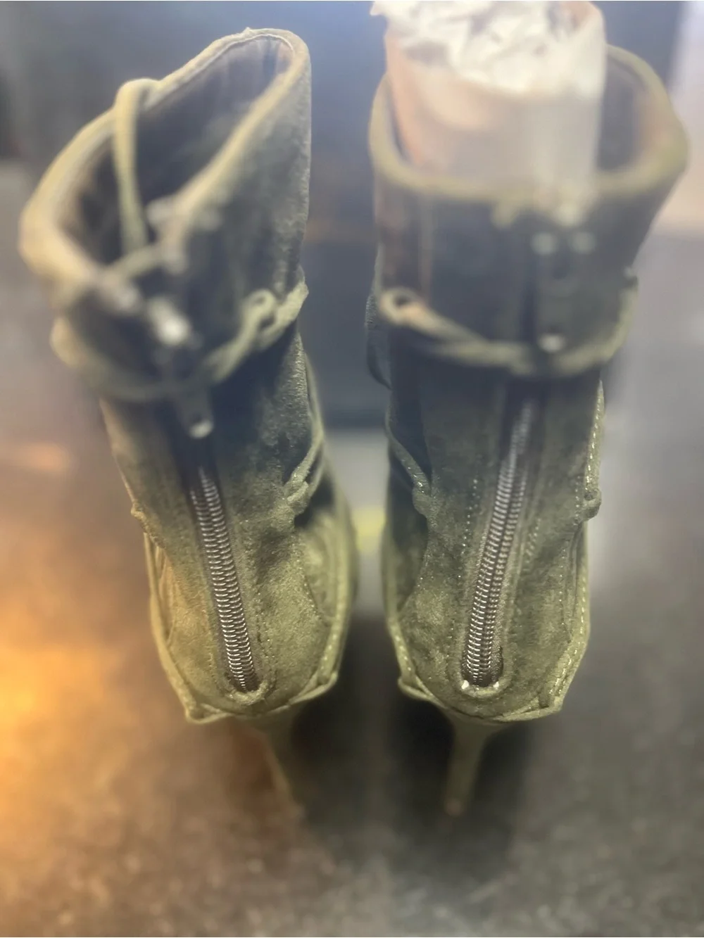 Sz 7 Olive Green Lace-Up Peep Toe High Heel Boots